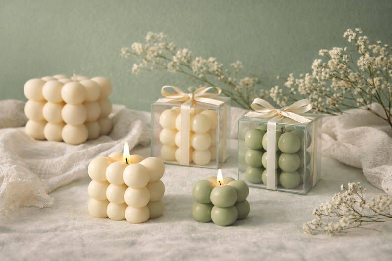Bubble and mini bubble candles styled with gift boxes